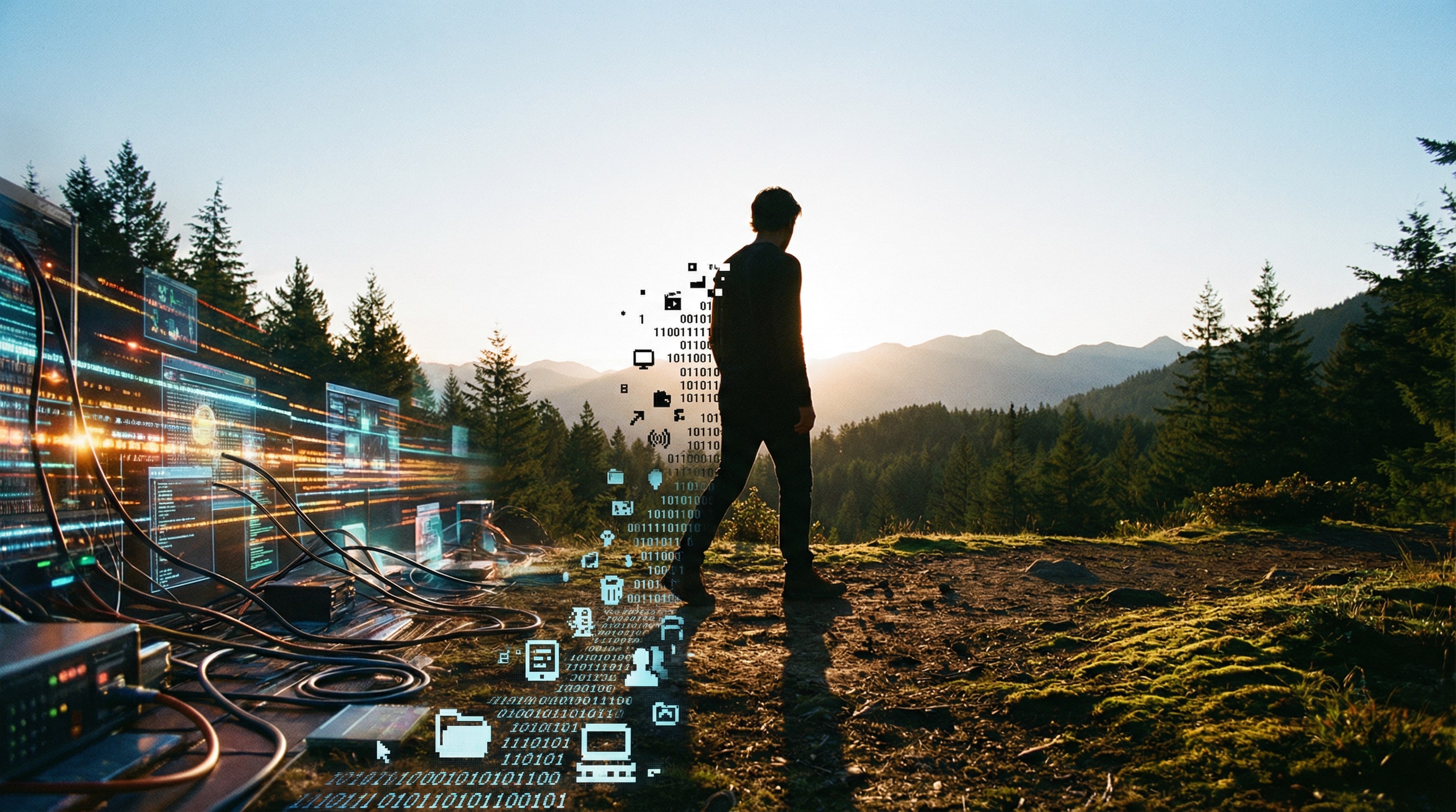 Person standing at the edge of a forest overlooking mountains, with streams of digital data and icons flowing away from them, symbolizing the choice to disconnect, reclaim privacy, and reduce one’s digital footprint in a hyperconnected world.